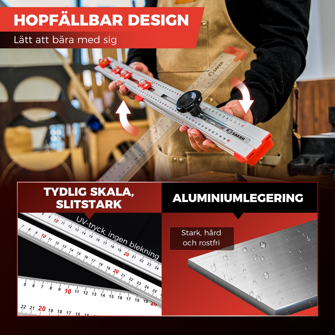 "Justerbar 4 i 1 linjal för borrningspositionering i aluminium, med tydlig UV-skala och ABS-ratt, hopfällbar och hållbar."