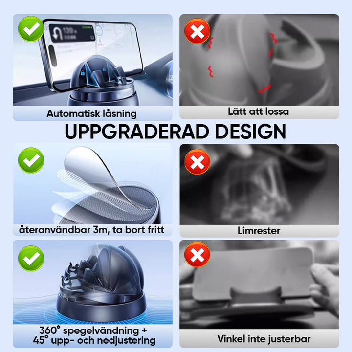 "Justerbar bilhållare för GPS och smartphone, svart, med klibbigt silikon för stabilitet och enkel rengöring."