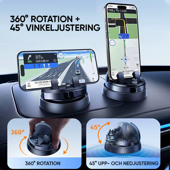 "Justerbar bilhållare för GPS och smartphone, svart, med klibbigt silikon för stabilitet och enkel rengöring."