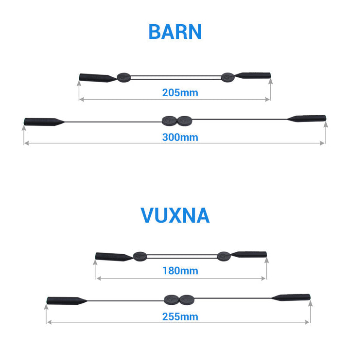 "Justerbar halkfri snodd i silikon för glasögon, unisex, svart, säker passform för sport och vardagsbruk, sett framifrån."