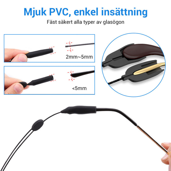 "Justerbar halkfri snodd i silikon för glasögon, unisex, svart, säker passform för sport och vardagsbruk, sett framifrån."