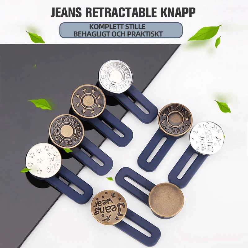 "Justerbar jeans flexiknapp för herr och dam, elegant metall, enkel fastsättning för byxmidja."