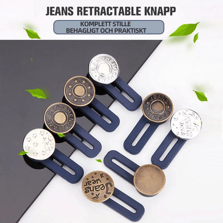 "Justerbar jeans flexiknapp för herr och dam, elegant metall, enkel fastsättning för byxmidja."