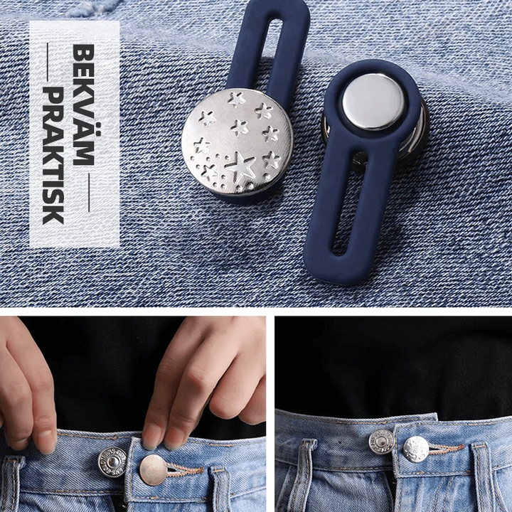 "Justerbar jeans flexiknapp för herr och dam, elegant metall, enkel fastsättning för byxmidja."