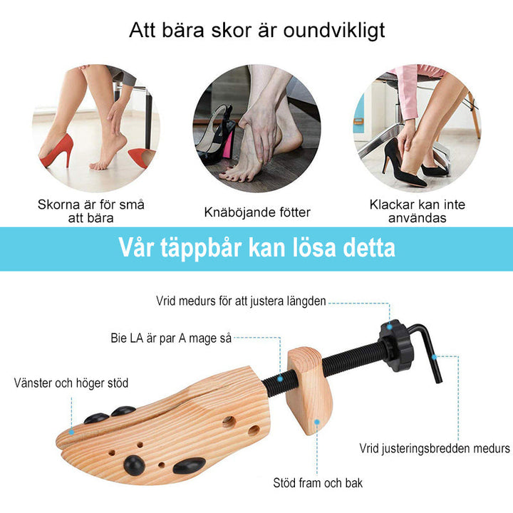 Justerbar skobår i naturligt trä med elegant yta. Passar alla skotyper och justeras för optimal passform.
