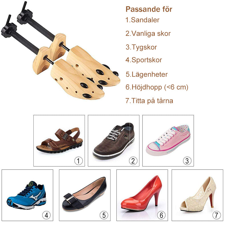 Justerbar skobår i naturligt trä med elegant yta. Passar alla skotyper och justeras för optimal passform.