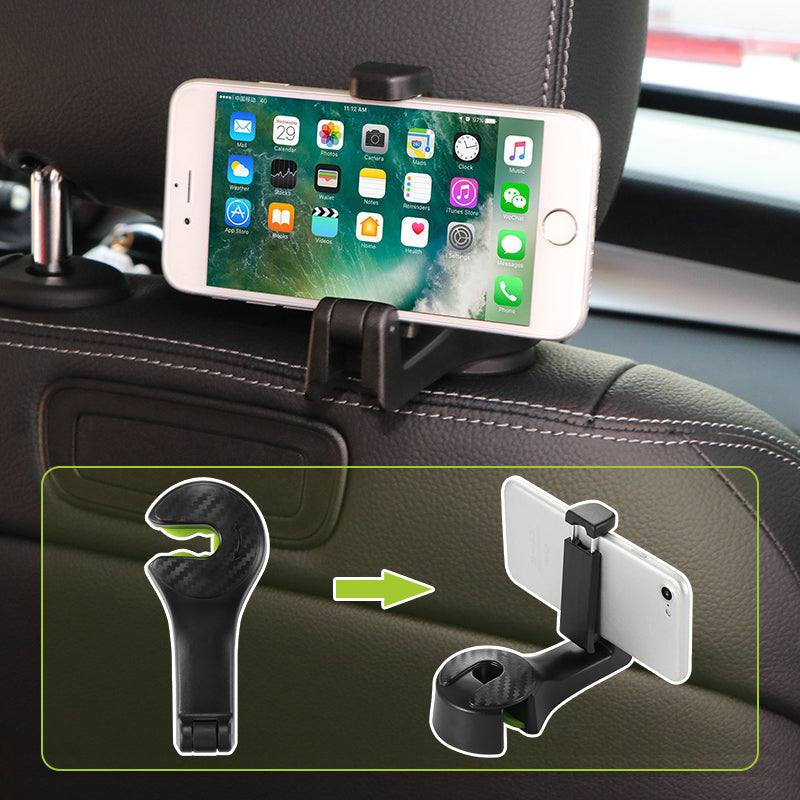 "Justerbar svart nackstödskrok för bil, utrymmesbesparande design, enkel installation med sidoöppning."