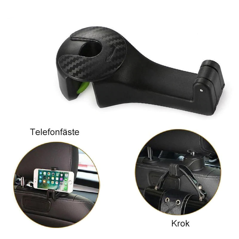 "Justerbar svart nackstödskrok för bil, utrymmesbesparande design, enkel installation med sidoöppning."