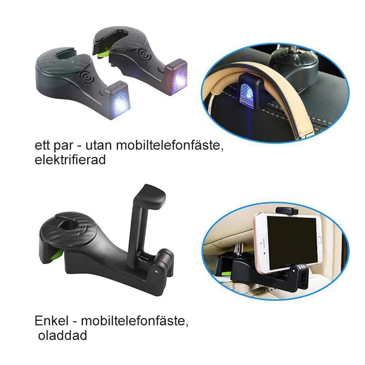 "Justerbar svart nackstödskrok för bil, utrymmesbesparande design, enkel installation med sidoöppning."