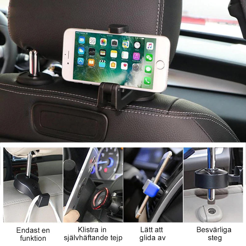 "Justerbar svart nackstödskrok för bil, utrymmesbesparande design, enkel installation med sidoöppning."