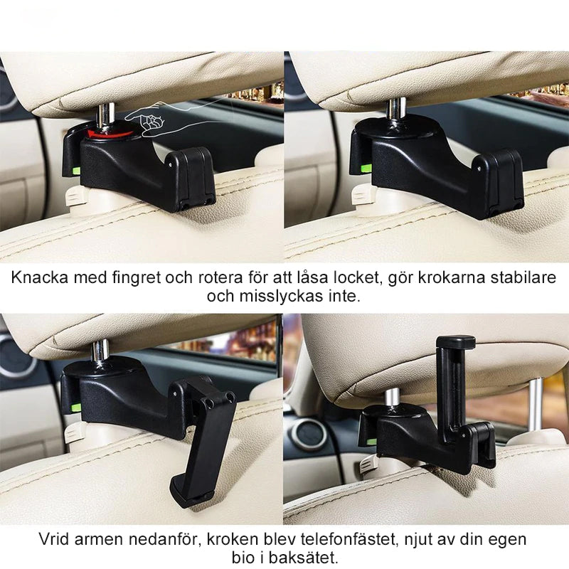 "Justerbar svart nackstödskrok för bil, utrymmesbesparande design, enkel installation med sidoöppning."