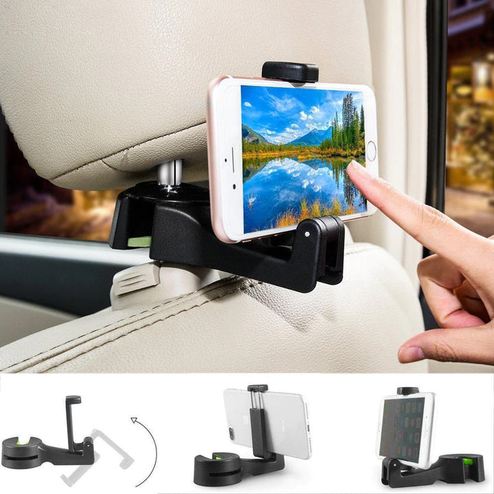 "Justerbar svart nackstödskrok för bil, utrymmesbesparande design, enkel installation med sidoöppning."