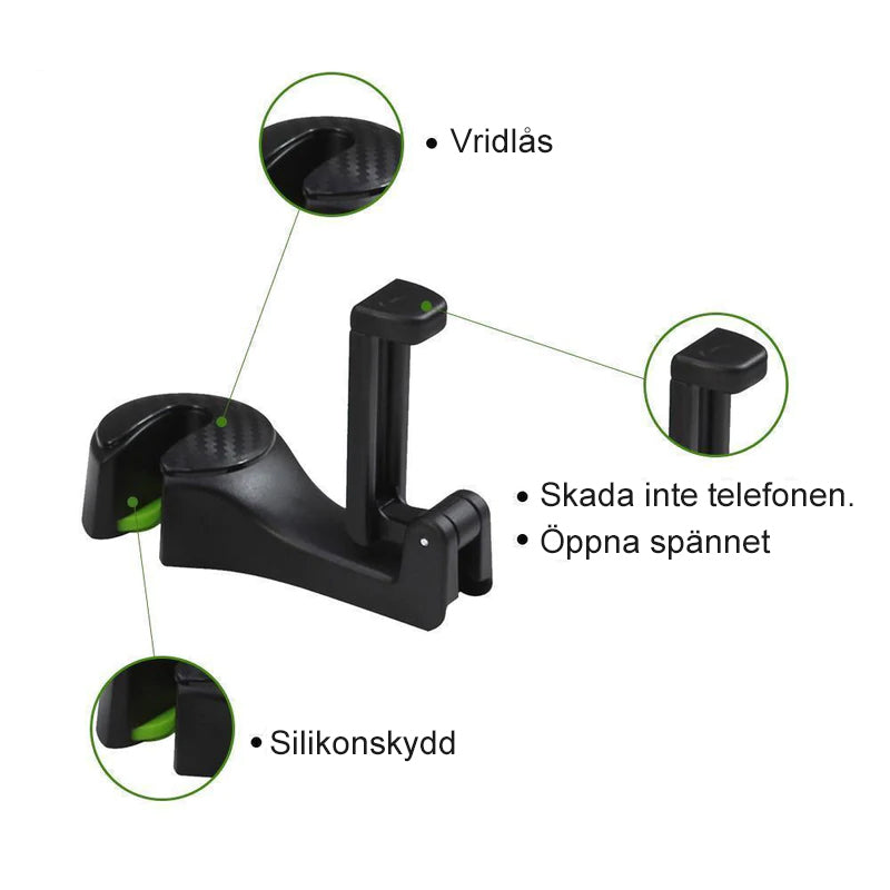 "Justerbar svart nackstödskrok för bil, utrymmesbesparande design, enkel installation med sidoöppning."