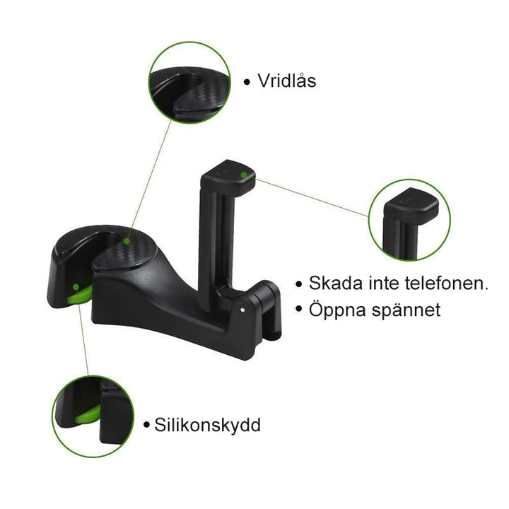 "Justerbar svart nackstödskrok för bil, utrymmesbesparande design, enkel installation med sidoöppning."