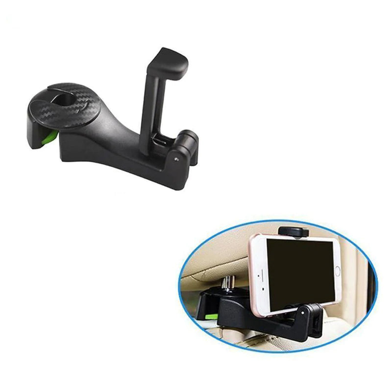 "Justerbar svart nackstödskrok för bil, utrymmesbesparande design, enkel installation med sidoöppning."