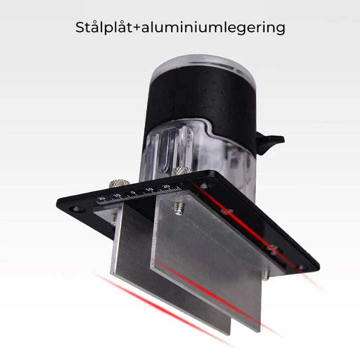Justerbart trärouterverktyg, silver och svart, för precision och flexibilitet vid träbearbetning, justerbar djupanpassning.