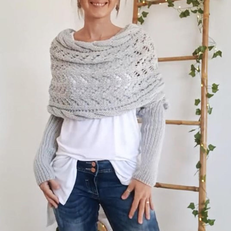 "Kabelstickad omlott i mjuk kashmirimitation för kvinnor, ljusgrå, boho stil, året runt komfort och elegans."