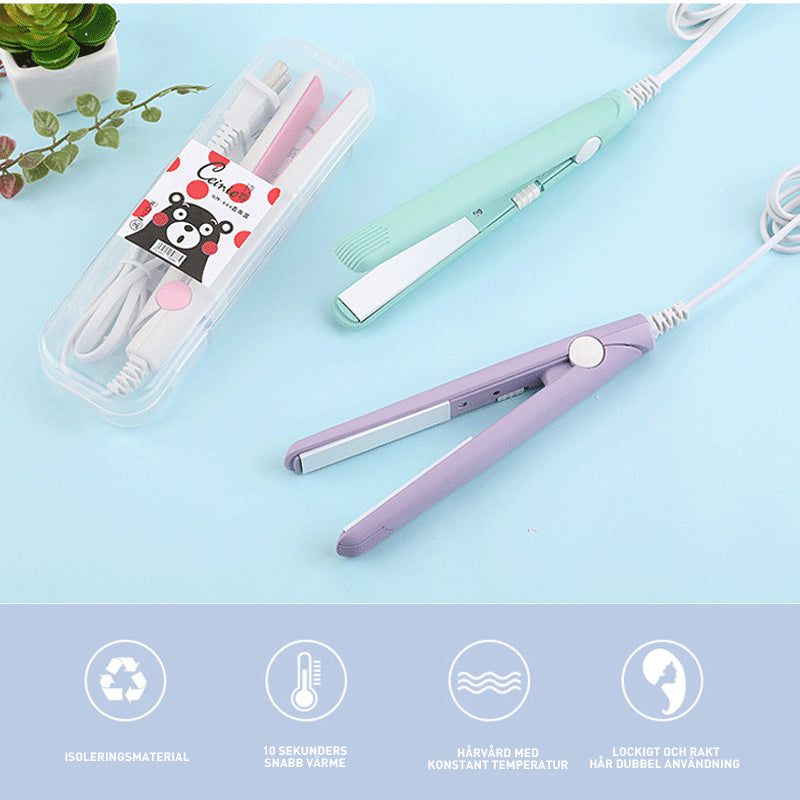"Keramisk mini-plattång i elegant design, kompakt och bärbar, passar alla hårtyper för professionell hårstyling."
