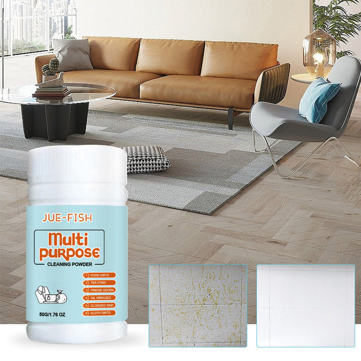 "Köksrengöringspulver för alla ytor, effektivt mot fett och fläckar, skonsamt mot rostfritt stål och glas i behållare."