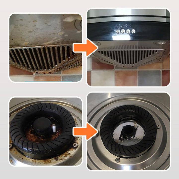 "Köksrengöringspulver för alla ytor, effektivt mot fett och fläckar, skonsamt mot rostfritt stål och glas i behållare."