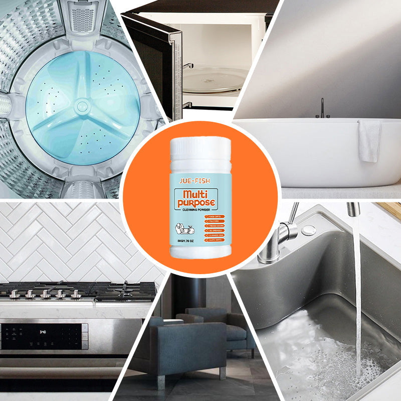 "Köksrengöringspulver för alla ytor, effektivt mot fett och fläckar, skonsamt mot rostfritt stål och glas i behållare."