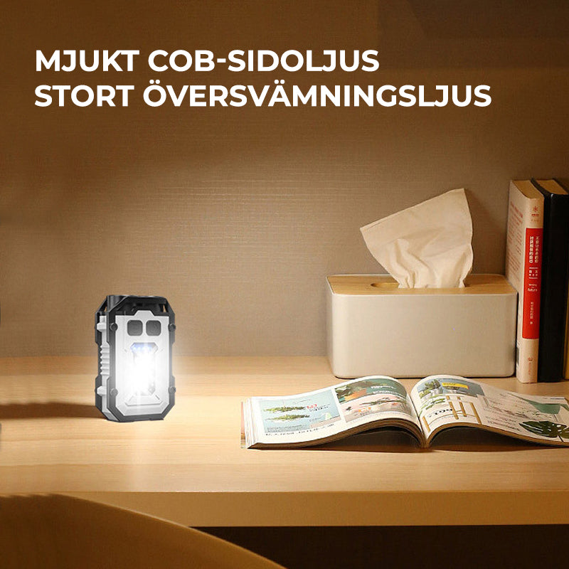 "Kompakt LED-minilampa med magnet, 1500 lumen, vattentålig, bärbar; perfekt för utomhus och vardagsbruk."