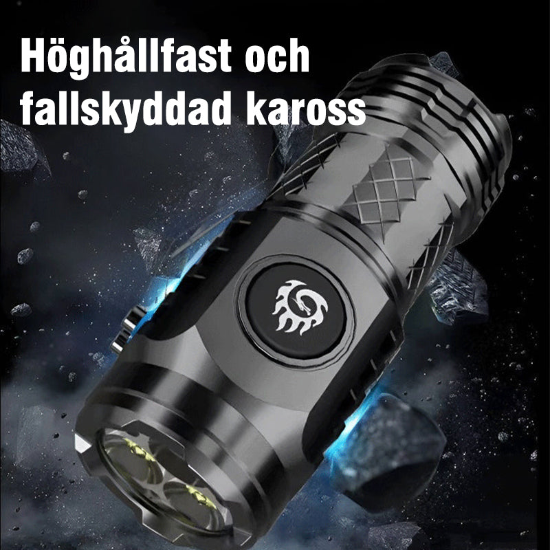 "Kompakt och slitstark ficklampa med tre LED, bärbar design för friluftsbruk, stötsäker och vattentät, perfekt för camping."