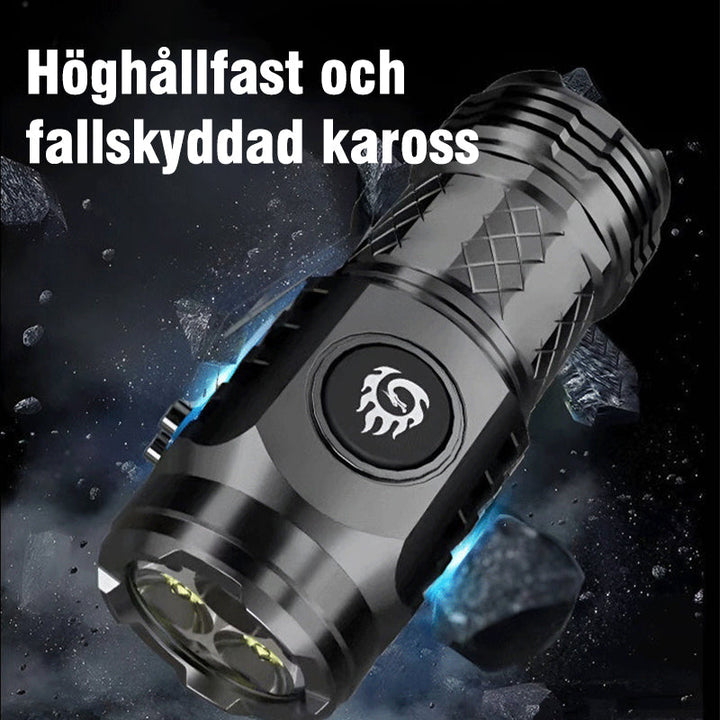 "Kompakt och slitstark ficklampa med tre LED, bärbar design för friluftsbruk, stötsäker och vattentät, perfekt för camping."