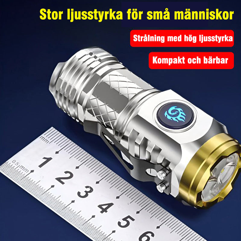 "Kompakt och slitstark ficklampa med tre LED, bärbar design för friluftsbruk, stötsäker och vattentät, perfekt för camping."