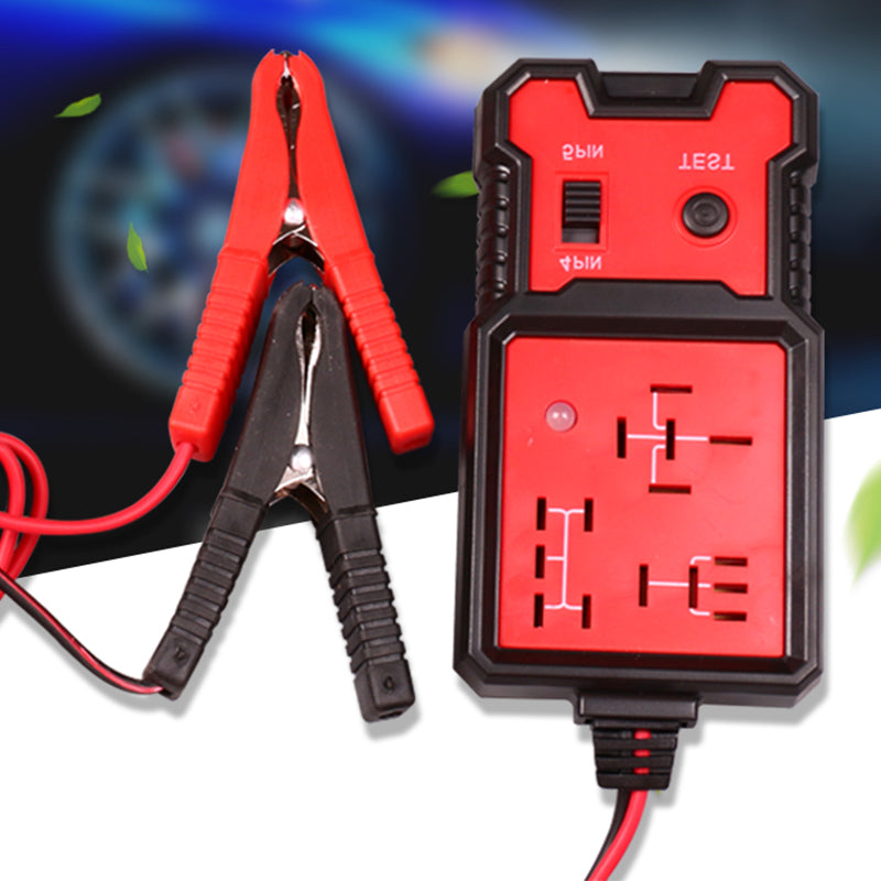 "Kompakt relätestare för fordon med LED-indikator, robust plast och metall, anpassad för 12V bilbatterier."