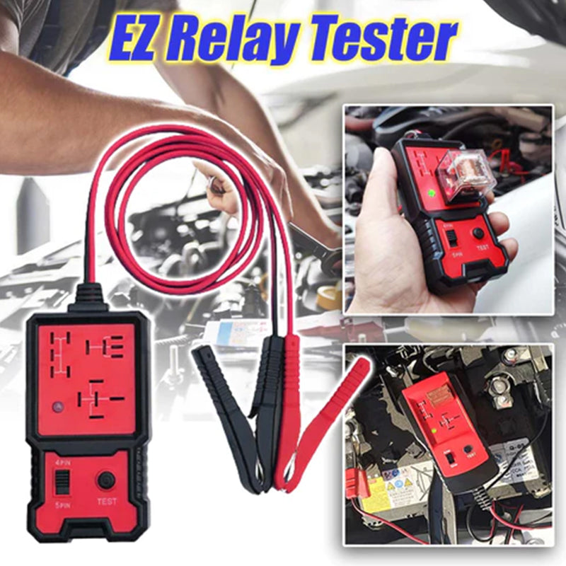 "Kompakt relätestare för fordon med LED-indikator, robust plast och metall, anpassad för 12V bilbatterier."