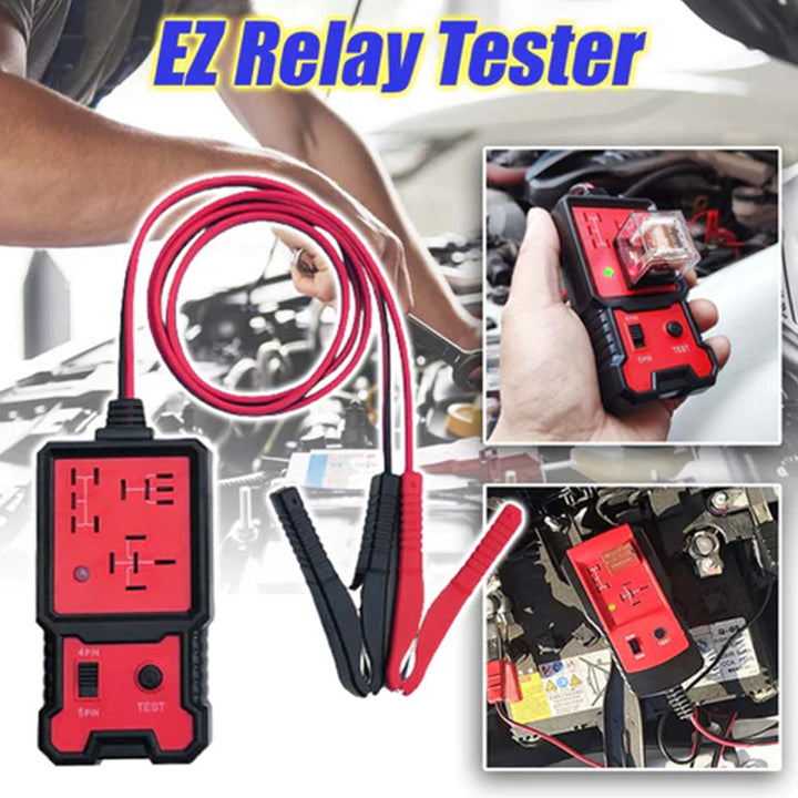 "Kompakt relätestare för fordon med LED-indikator, robust plast och metall, anpassad för 12V bilbatterier."