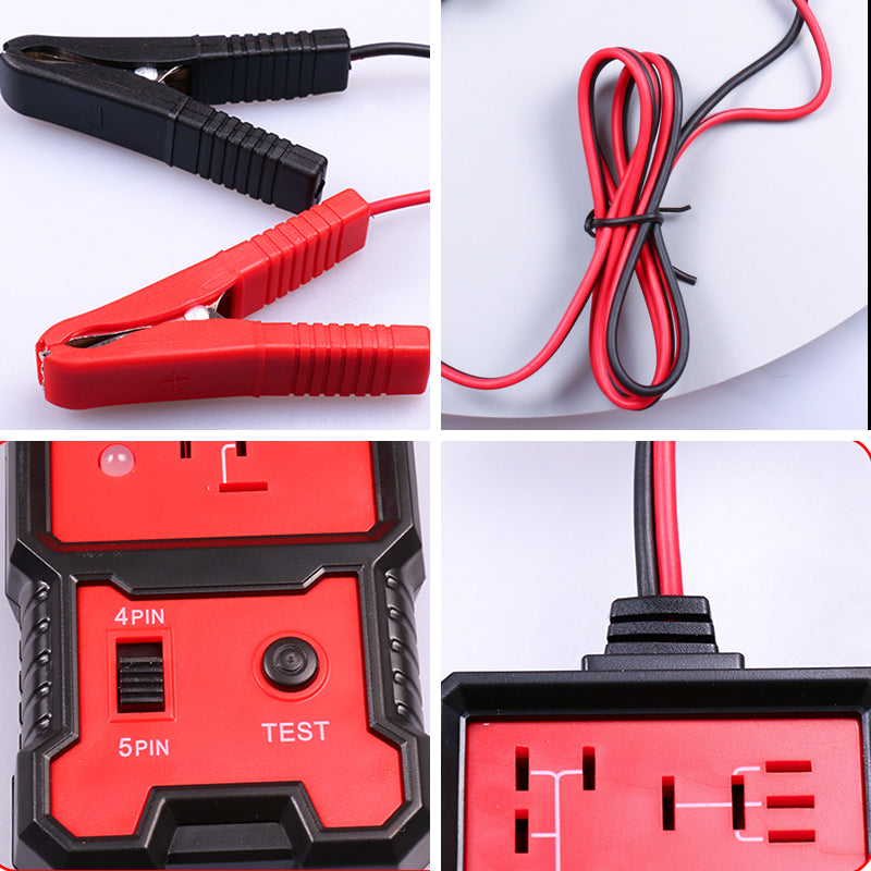 "Kompakt relätestare för fordon med LED-indikator, robust plast och metall, anpassad för 12V bilbatterier."