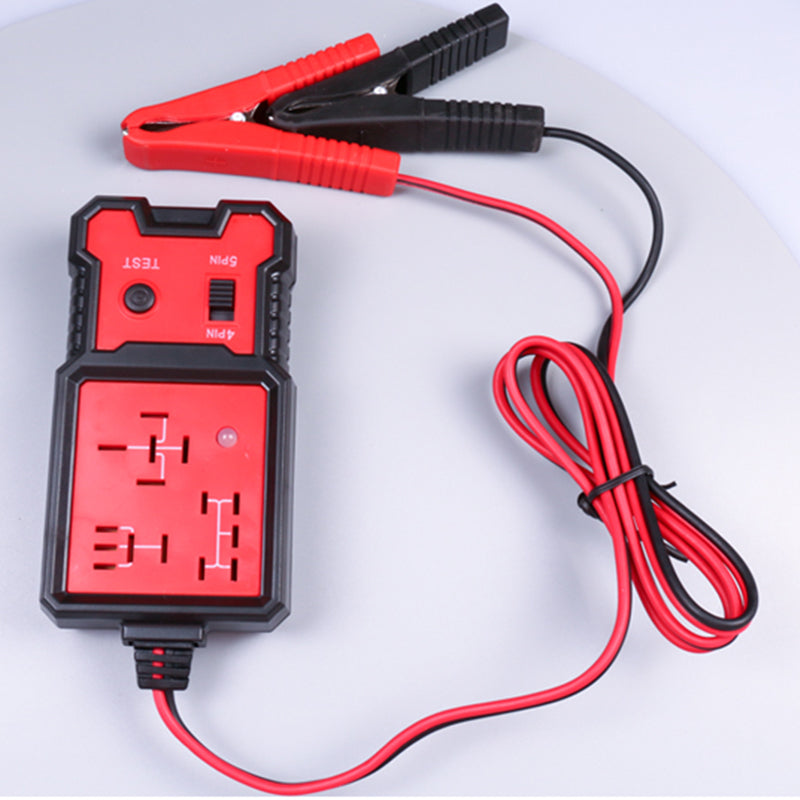 "Kompakt relätestare för fordon med LED-indikator, robust plast och metall, anpassad för 12V bilbatterier."