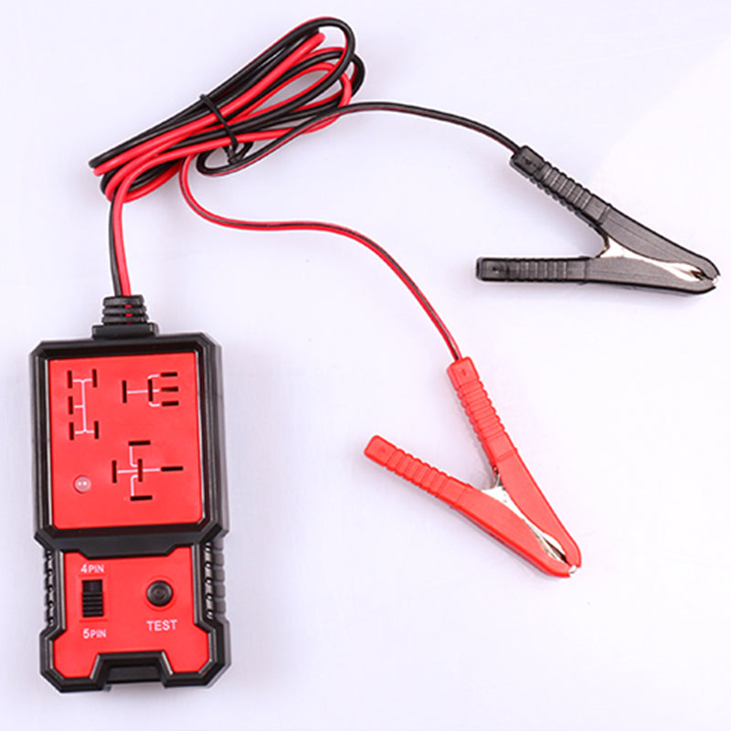 "Kompakt relätestare för fordon med LED-indikator, robust plast och metall, anpassad för 12V bilbatterier."