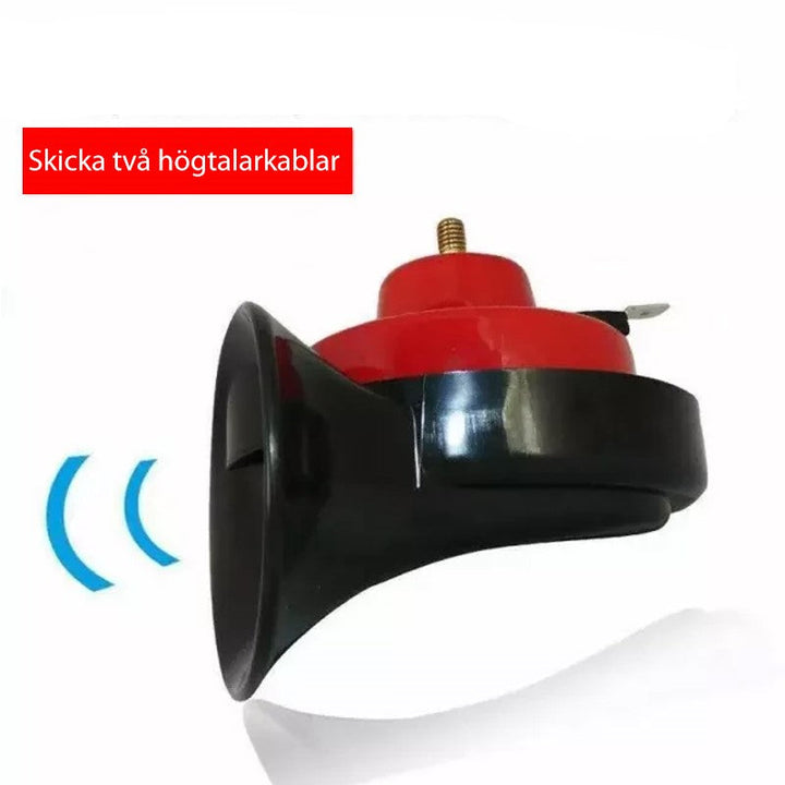 "Kompakt signalhorn för fordon i svart och rött, ger kraftfullt och klart ljud, perfekt för bilar och motorcyklar."