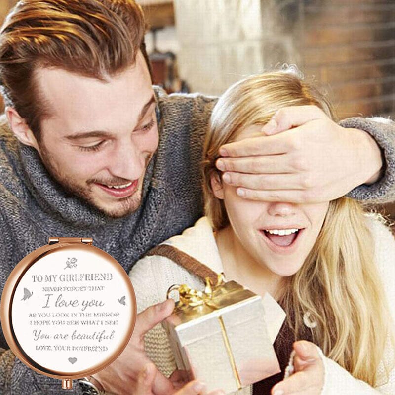 "Kompakt sminkspegel i guld med 2x förstoring, idealisk för handväska; finns i guld, roséguld och silver."