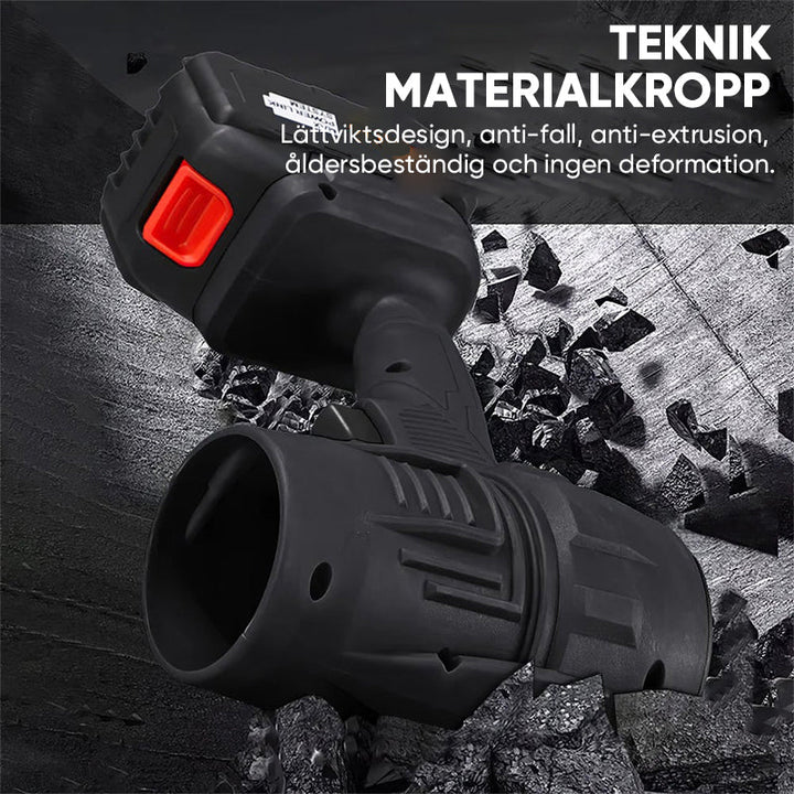 "Kompakt svart tryckluftsfläkt med ergonomiskt handtag, justerbar luftström, perfekt för rengöring av olika ytor."