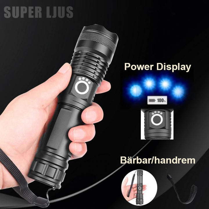 "Kraftfull LED-ficklampa med USB, IP65 vattentät, justerbar brännvidd, aluminiumkropp, för camping och nödsituationer"