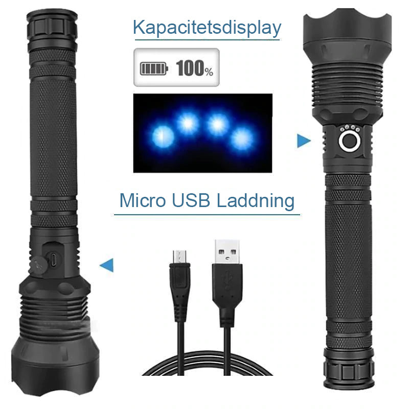 "Kraftfull LED-ficklampa med USB, IP65 vattentät, justerbar brännvidd, aluminiumkropp, för camping och nödsituationer"