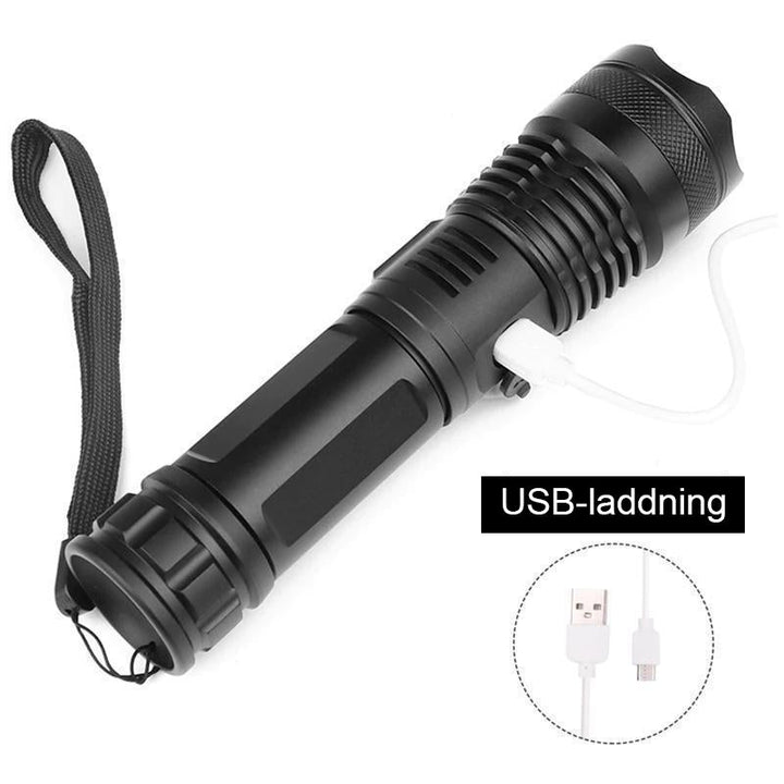 "Kraftfull LED-ficklampa med USB, IP65 vattentät, justerbar brännvidd, aluminiumkropp, för camping och nödsituationer"