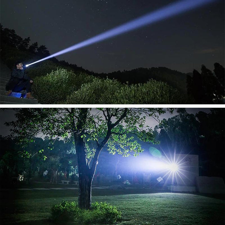 "Kraftfull LED-ficklampa med USB, IP65 vattentät, justerbar brännvidd, aluminiumkropp, för camping och nödsituationer"
