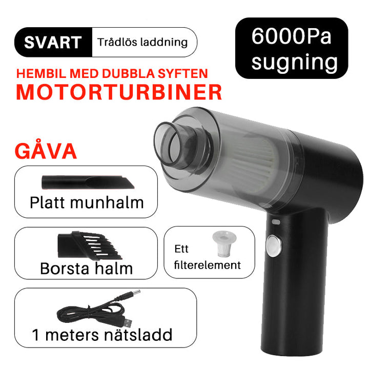 Kraftfull trådlös vit mini dammsugare för hem och kontor, idealisk för rengöring av smala utrymmen och fönster.