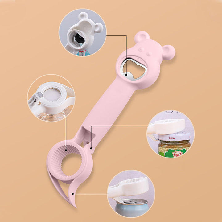 "Kreativ 4-i-1 multifunktions-flasköppnare i rostfritt stål, ergonomisk design, vit, blå, rosa, lila färger."