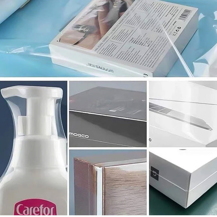 "Kristallklara värmekrympfilmspåsar i PVC för säker och tålig förvaring av kläder och elektronik."