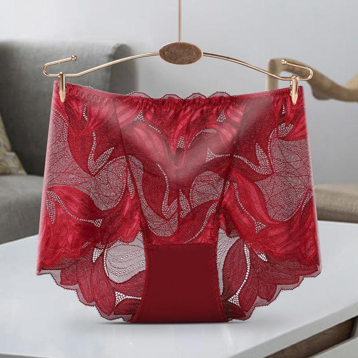 "Kvinnor broderi spets trosor med unik reporös design i rosa, svart och vinröd för elegant och sexig stil."