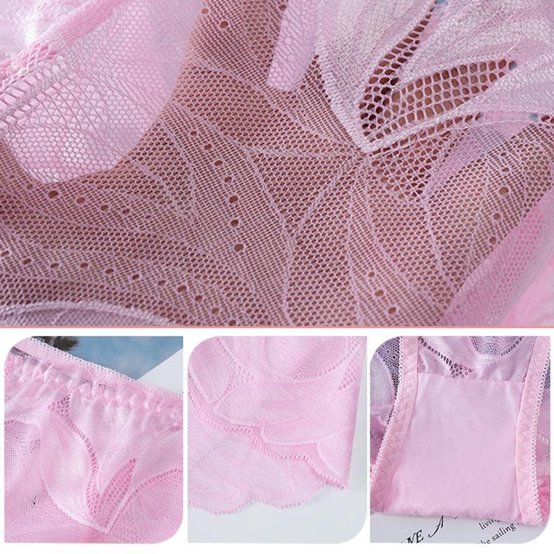 "Kvinnor broderi spets trosor med unik reporös design i rosa, svart och vinröd för elegant och sexig stil."