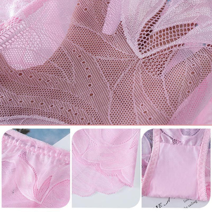 "Kvinnor broderi spets trosor med unik reporös design i rosa, svart och vinröd för elegant och sexig stil."