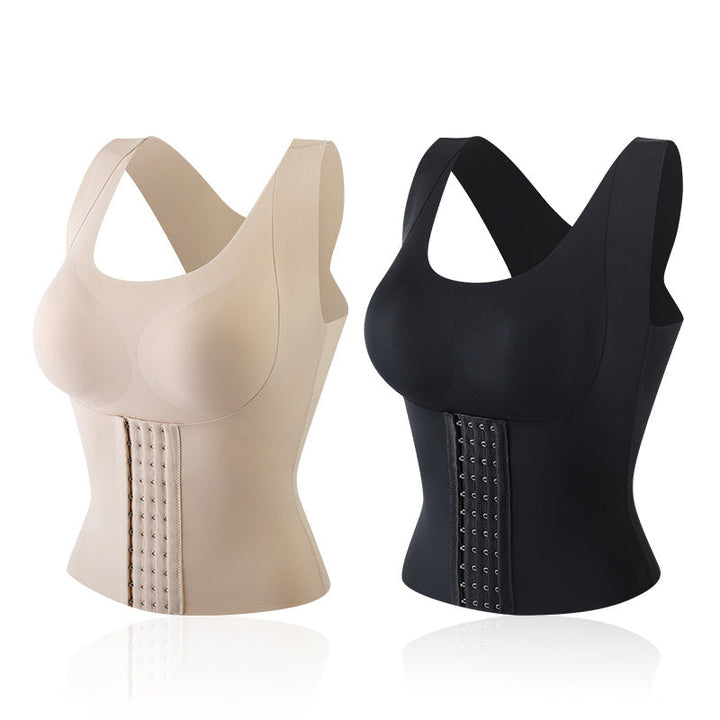 "Kvinnors 2-i-1 midjeknäppt shapewear BH, svart, formande underklädeslösning, ger slät silhuett under kläder."