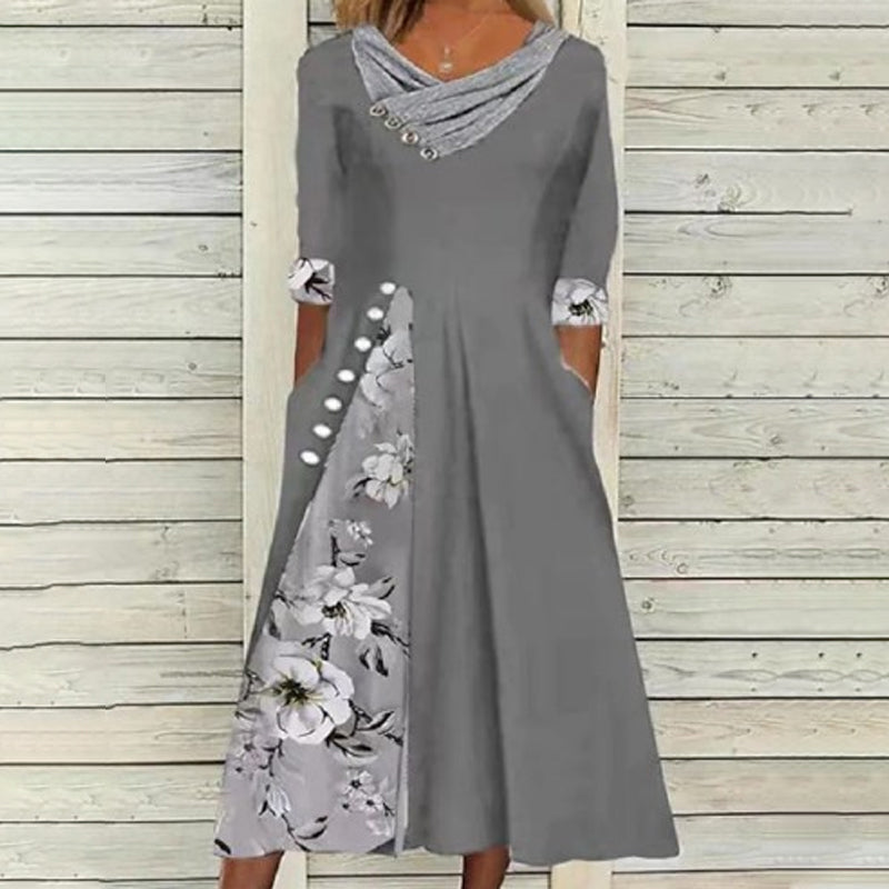 "Kvinnors V-ringad blommig A-line midi klänning i mjukt polyester med V-hals och blommönster, perfekt för sommaren."